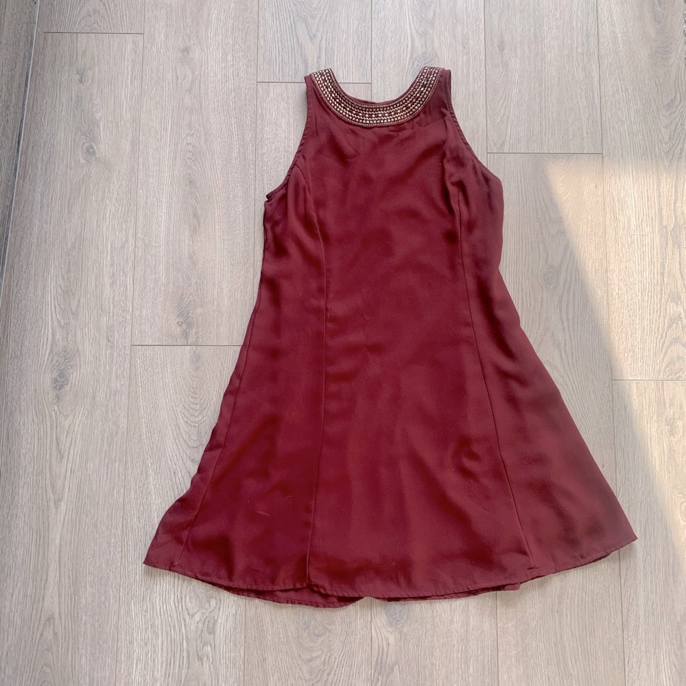 Flowy Red High Neck Dress with Gold Detailing